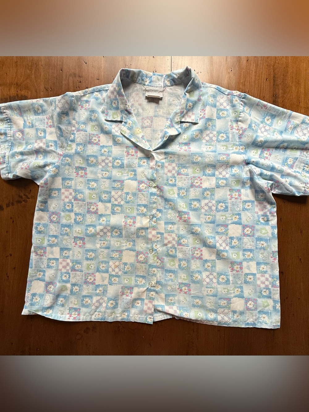 Blair Cottagecore Patchwork Blue Vintage 90s Short Sleeve Button Up Size 2XL